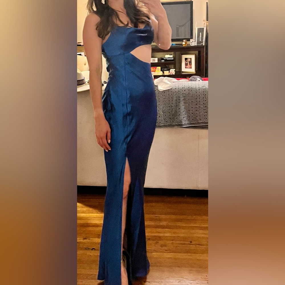 Hello Molly Oceanic Eyes Satin Royal Blue Cut Out Slit Sleeveless Maxi Dress S 4 - Picture 3 of 6